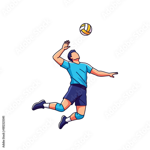 Volleyball player jumping high to spike the ball during game.