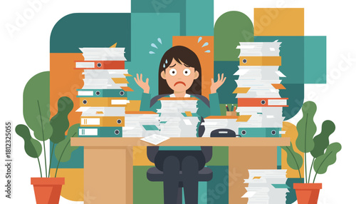 Stressed businesswoman overwhelmed by huge stacks of paperwork and files on her office desk