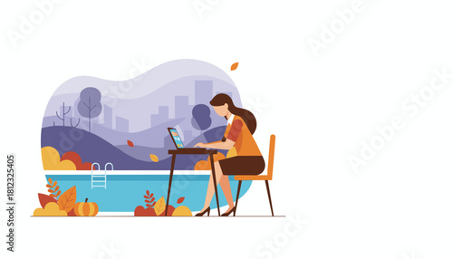 Flexible remote work Businesswoman using laptop by pool in autumn park setting