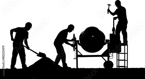 Silhouette of construction workers mixing cement, isolated on, depicting teamwork and hard labor in the building industry