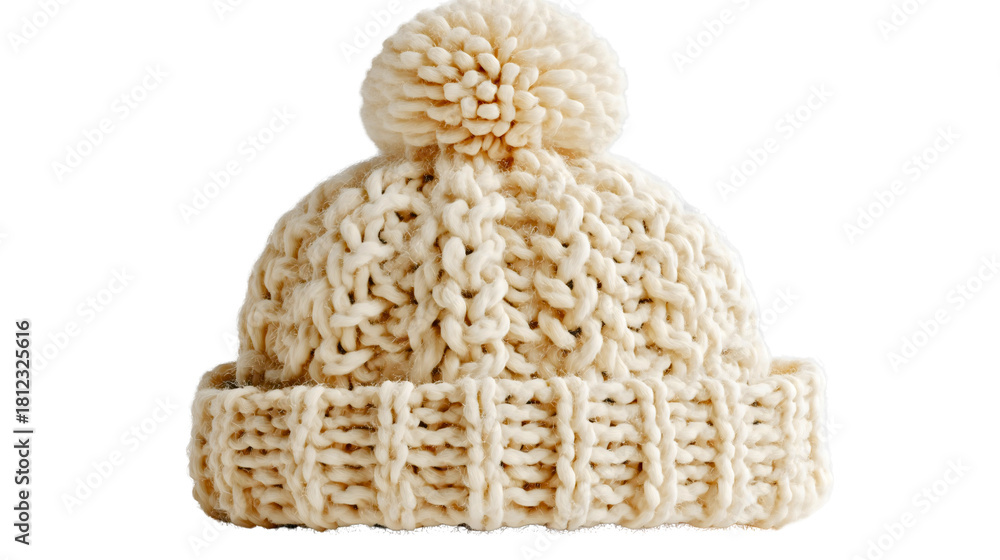 Fototapeta premium A white knitted winter hat with a pompom transparent, a warm wool beanie for cold weather, a handmade clothing accessory, a soft chunky headwear, a fashion object.