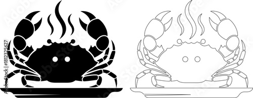 A steaming crab silhouette on a plate, isolated on, showcasing its claws and legs, perfect for seafood menus and culinary designs, offering a delicious treat