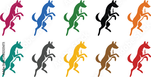 Rearing dog icons in assorted colors illustration, Multicolor dog standing animal silhouette set