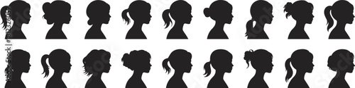 PrintA vector set of young girl head silhouettes showcasing various ponytail, bun, and hairstyle profiles, representing childhood beauty, identity, and diverse young women's profiles.