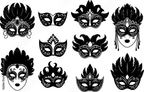 Collection of ten different black carnival masks with feathers and decorations isolated on, perfect for adding a touch of mystery and elegance to designs