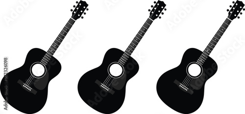PrintBlack acoustic guitars arranged in a clean white background layout, showcasing musical instruments, minimalist design, modern style, creative studio illustration
