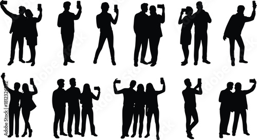 PrintBlack Silhouette Vector Set of Diverse Young People and Couples Taking Group Selfies with Mobile Phones for Social Media Content and Events