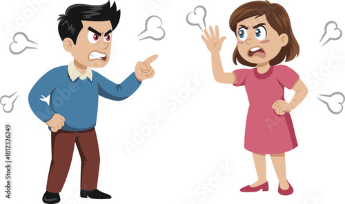 PrintCartoon angry man and woman arguing with stressed expressions and raised hands, conflict illustration showing heated disagreement, emotional communication problem concept artwork