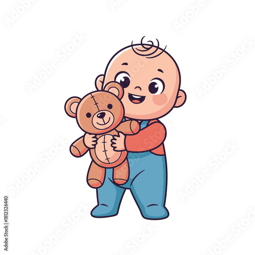 Cartoon baby holding a teddy bear, smiling with joy and happiness, wearing blue overalls and a red shirt.