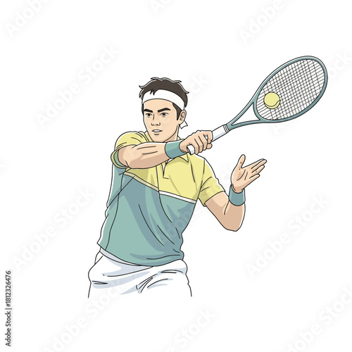 Young Man Playing Tennis with Racquet and Ball.
