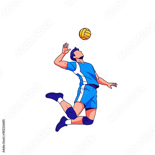 Dynamic Male Volleyball Player Leaping to Spike Ball in Intense Game Action.