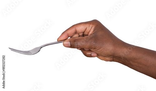 Hand holding a satainless steel fork isolated on white or transparent background	