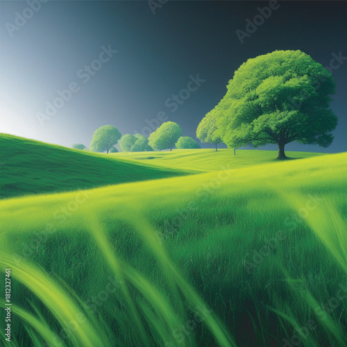 Vibrant, lush green rolling hills under a deep blue gradient sky, featuring a prominent, richly foliated tree on the right and a sense of dynamic, windswept grass in the foreground