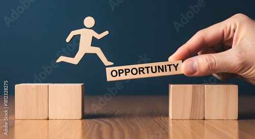 Wooden figure jumps across gap bridged by opportunity block symbolizing career growth business success and overcoming challenges with strategic planning and support for achievement