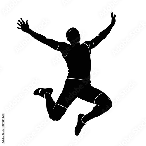 Silhouette of a man jumping high in the air with arms raised in celebration.