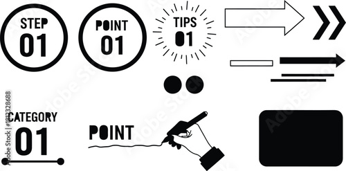 Set of black and white numbered steps points and arrow icons