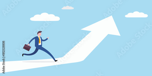 Businessman running up a white arrow representing growth and success