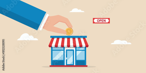 Hand placing coin into open storefront for investment