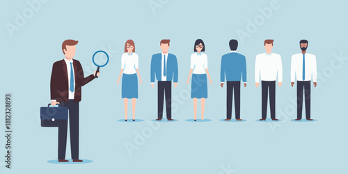 Recruiter examining candidates with magnifying glass