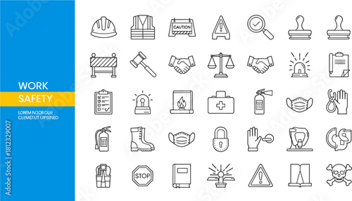 Work safety doodle vector icon set isolated on hand drawn construction and industrial safety equipment, protection and regulation sketch illustration