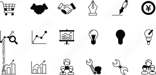 Collection of business and finance icons in black and white
