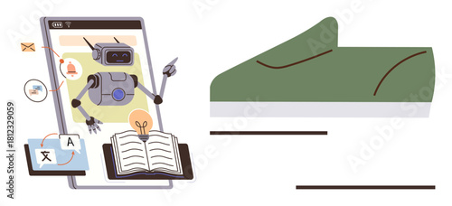 Robot inside smartphone interacting with book, apps, and tools for translation and education. Ideal for AI, automation, education, e-learning, language innovation technology. Simple flat metaphor