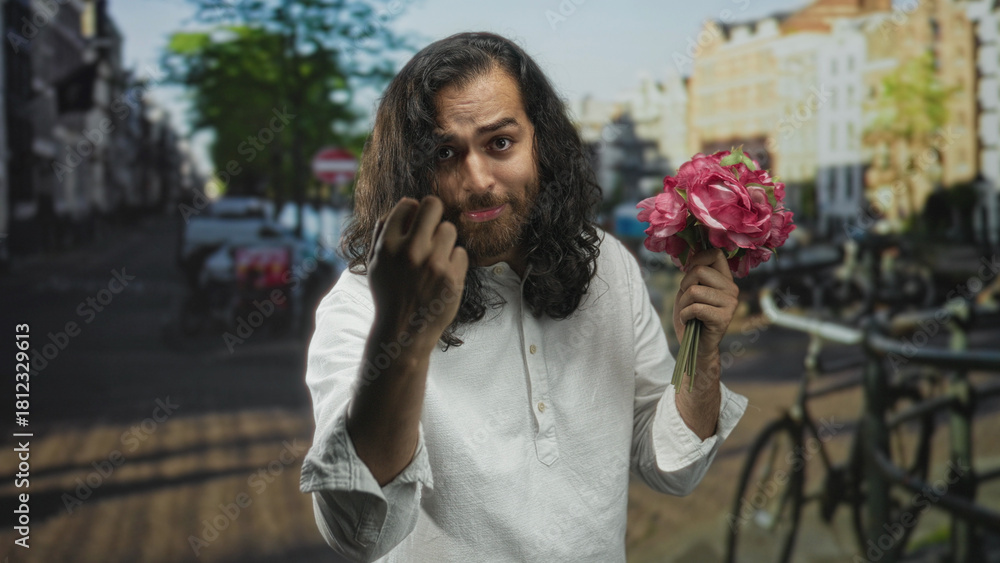 Fototapeta premium Man holds bouquet and makes beckoning gesture on a city street by parked bicycles; romance plea invitation.