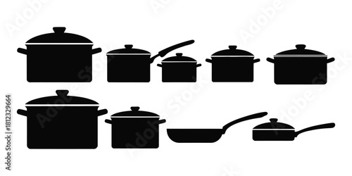 Silhouette of various pots and pans isolated on white background