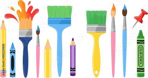 Colorful array of art supplies featuring paintbrushes, pencils, and crayons, perfect for creative projects and educational resources isolated on