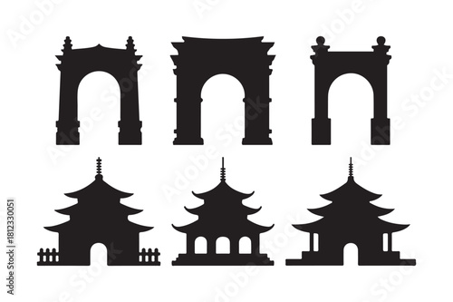 Silhouettes of traditional asian pagodas and arches