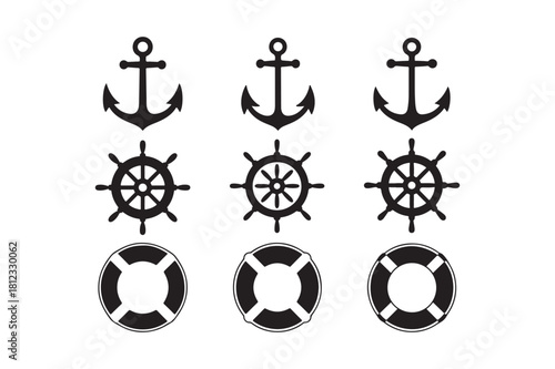 Nautical icons anchors ship wheels and life preservers set