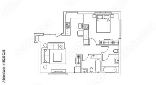 Detailed architectural plan of a modern apartment layout with rooms and fixtures