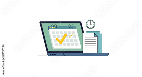 Streamline Your Workflow with a Laptop Calendar, Clock, and Documents, Perfect for Time Management and Productivity, Originally a Scalable Vector Graphic