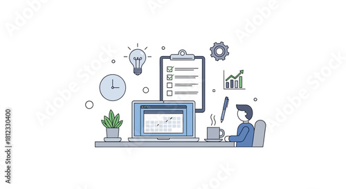 Modern work from home setup with laptop, schedule and coffee promotes efficient time management and productivity, originally a scalable vector graphic
