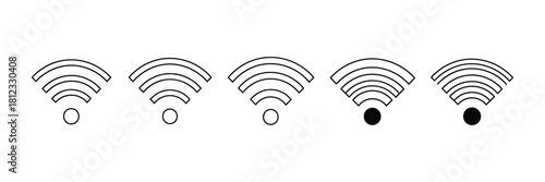 Five wifi signal strength indicators isolated on white background, from weak to strong