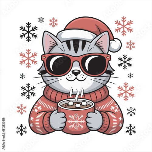 Striped gray cat wears sunglasses and a Santa hat, drinking hot chocolate among snowflakes