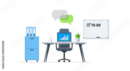 Modern workspace for peak productivity with data charts, whiteboard to-do list, and organized filing cabinet, perfect for business and creative projects