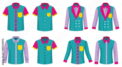 Colorful collection of vibrant short and long sleeve shirts and blazers
