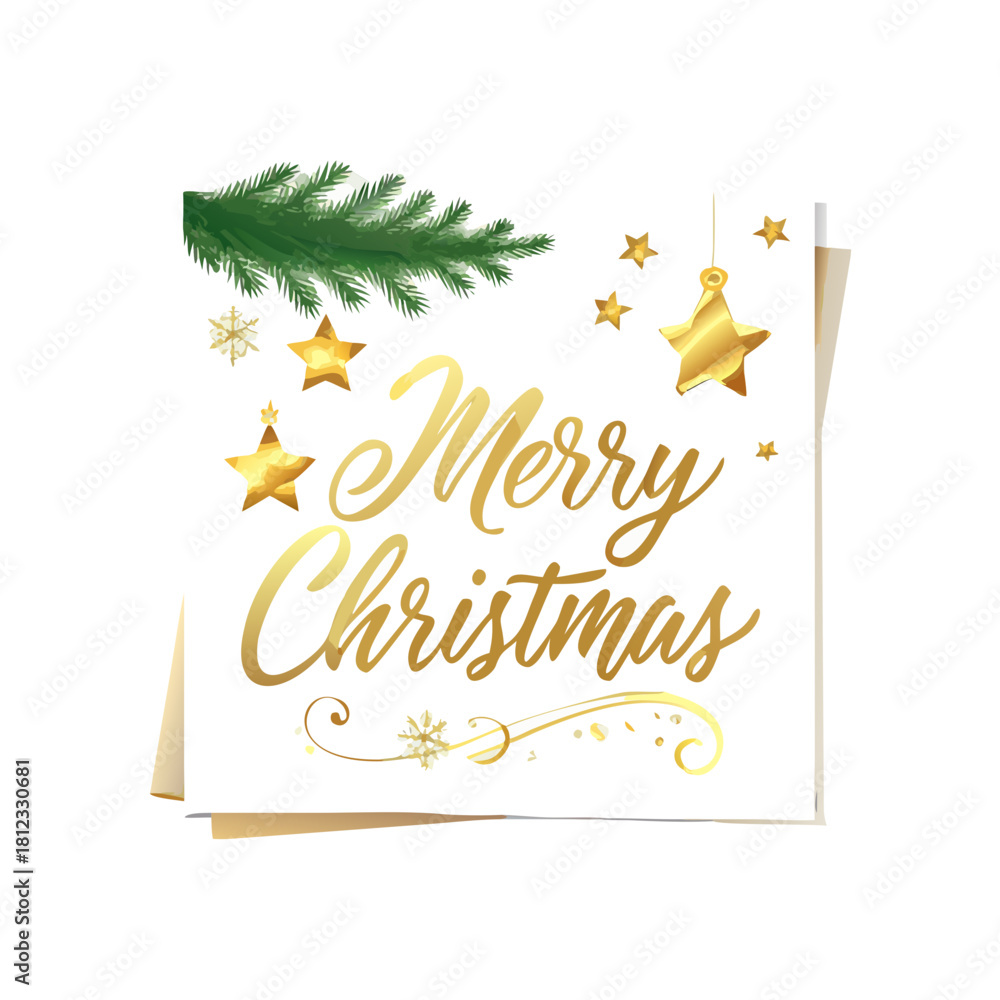 Obraz premium Merry Christmas and Happy New Year background for Greeting cards with tree Branches christmas tree gold paper and gold stars.Merry Christmas vector text Calligraphic Lettering Vector ... See More