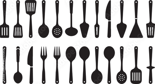 Assortment of Black Silhouette Kitchen Utensils on White Background cooking food