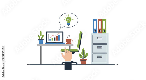 Dynamic workspace showcasing business growth and innovative ideas with modern desk, laptop, chart, coffee, and filing cabinet for commercial creativity