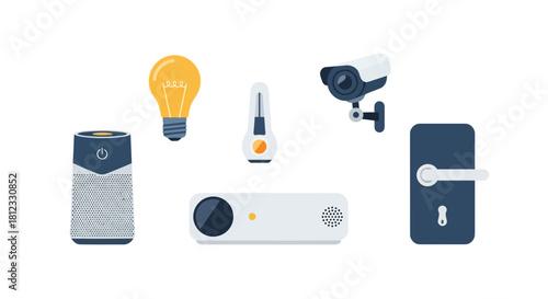 Smart home automation and security devices for modern living, connecting a speaker, lights, cameras, projector, and door lock system, for seamless control