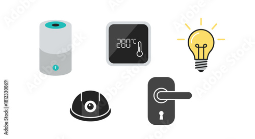 Modern smart home system icons for automation and security, providing peace of mind and convenience, scalable design for various applications, clean and user-friendly