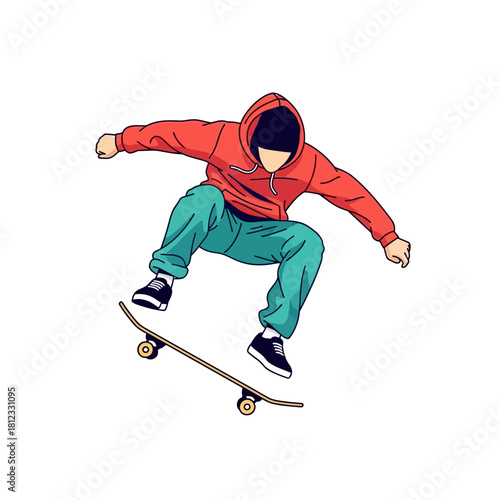 Dynamic illustration of a skateboarder in a red hoodie mid air.