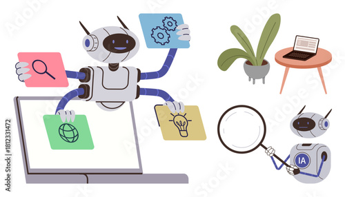 Robots conducting research, analyzing data, exploring ideas, utilizing tools, and interacting with tech gear. Ideal for innovation, AI development, technological progress, automation science