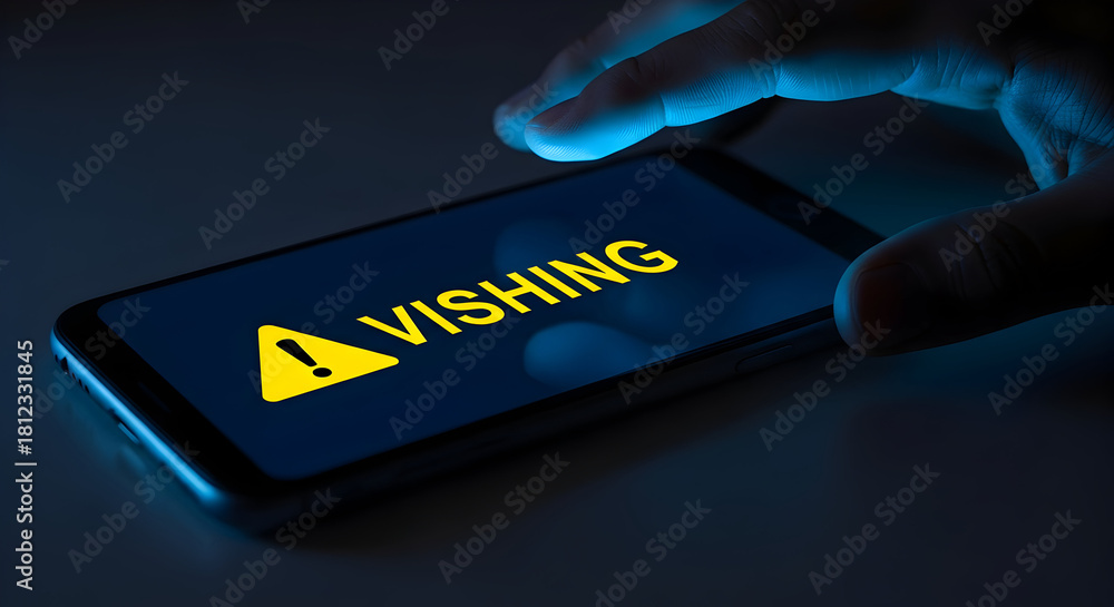 Naklejka premium Hand interacting with a smartphone displaying a phishing warning with a yellow triangle and the word
