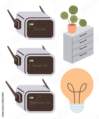 Three mod-style radios, labeled Think, Search, Research, paired with a potted plant, filing cabinet, and lightbulb. Ideal for innovation, creativity data organization technology problem-solving
