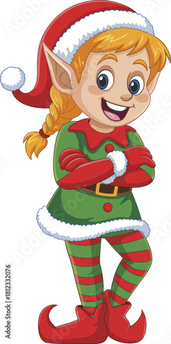 PrintCute Christmas elf character in festive outfit, smiling holiday helper illustration, joyful winter season cartoon design for kids, decorations, celebrations