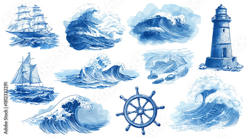 Nautical marine elements set with vintage sailing ships, powerful ocean waves, lighthouse, and ship's wheel. Blue hand-drawn style.