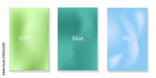 Simple and soft vector background. Nude gradient poster set. Abstract light peach, blue color banner. Blurred fresh green and sky gradient background. vector